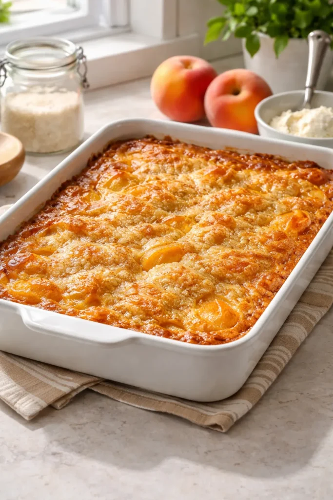 5-Minute Bisquick Cobbler With Canned Peaches 20 Large peach cobbler in a 9x13 dish with bubbling edges