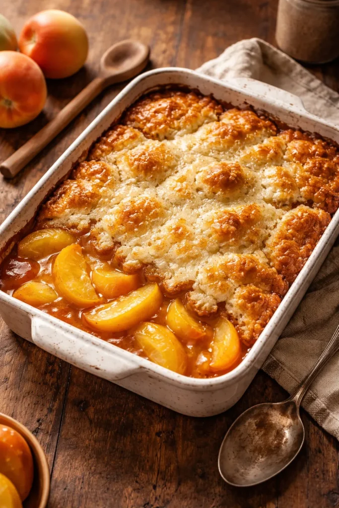 10 Canned Peach Desserts When You're In a Rush 3 Rustic Peach Cobbler with Simple Batter Topping in a baking dish showing peaches and batter
