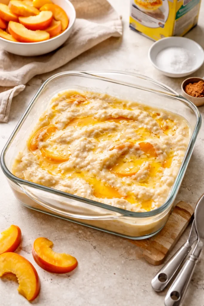 Easy Peach Cobbler With Bisquick in 30 Mins 8 Glass 8-inch baking dish with light batter and melted butter swirl for peach cobbler