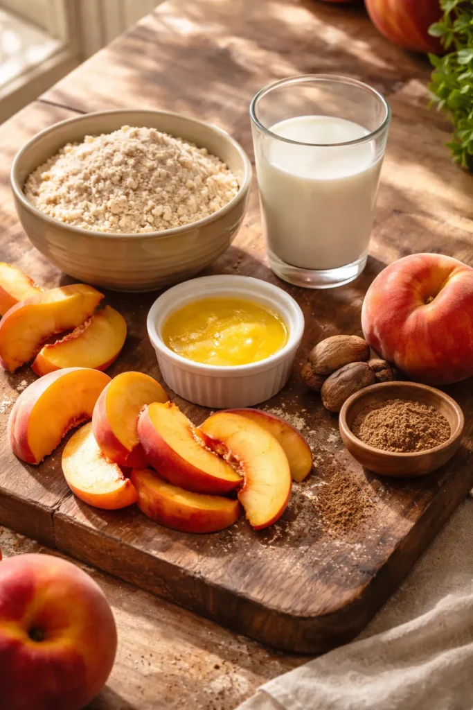 Easy Peach Cobbler With Bisquick in 30 Mins 7 Still-life of peach cobbler ingredients including Bisquick, milk, melted butter, nutmeg, and peaches on a rustic board