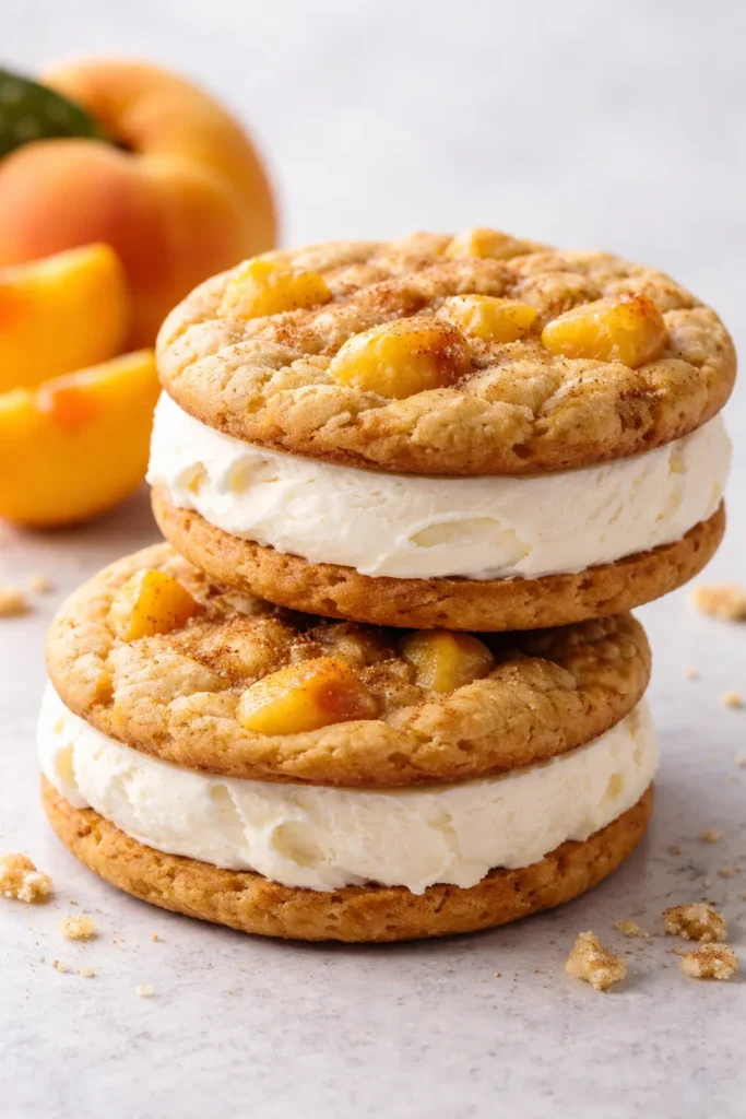 10 Canned Peach Desserts When You're In a Rush 5 Two peach cobbler cookies with ice cream filling between them
