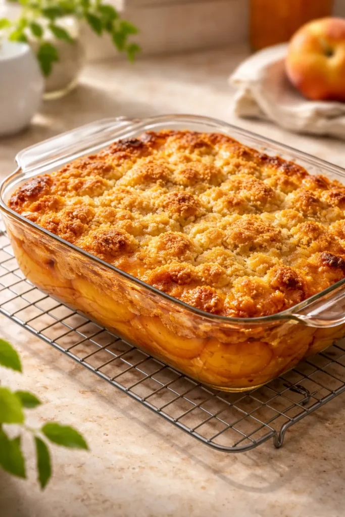 5-Minute Bisquick Cobbler With Canned Peaches 9 Fresh peach cobbler cooling with a golden crust and bubbling edges