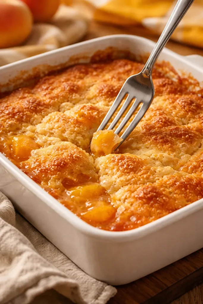 5-Minute Bisquick Cobbler With Canned Peaches 19 Close-up of peach cobbler with golden crust, bubbling edges, fork test in center