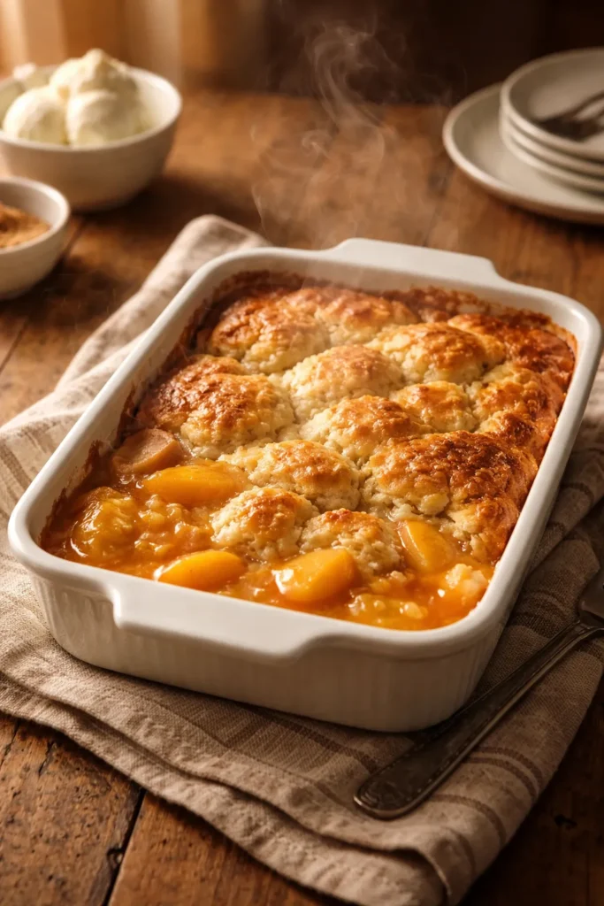 5-Minute Bisquick Cobbler With Canned Peaches 24 Warm peach cobbler in a ceramic dish on a wooden table