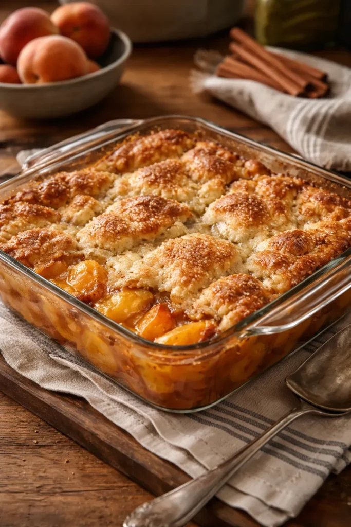 Simple Homemade Peach Cobbler From Scratch 1 Fresh peach cobbler in a baking dish with golden crust
