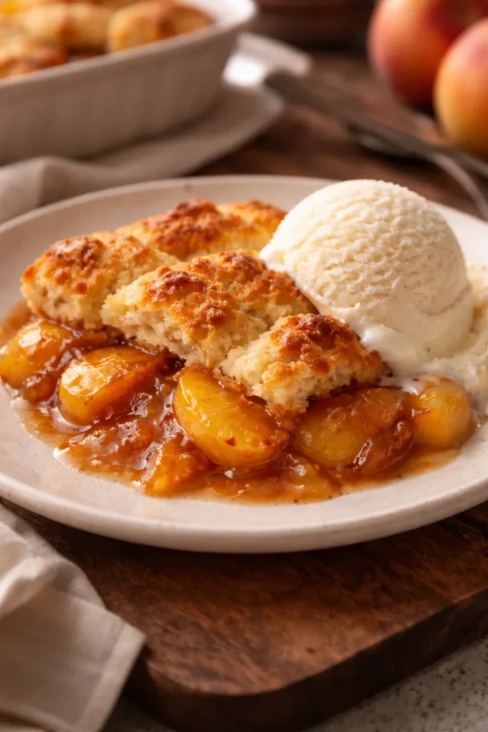 Simple Homemade Peach Cobbler From Scratch 11 Peach cobbler plated with vanilla ice cream