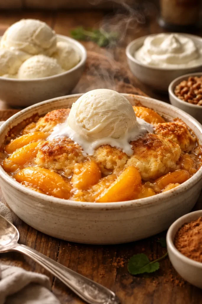 5-Minute Bisquick Cobbler With Canned Peaches 13 Warm peach cobbler with vanilla ice cream in a rustic dish