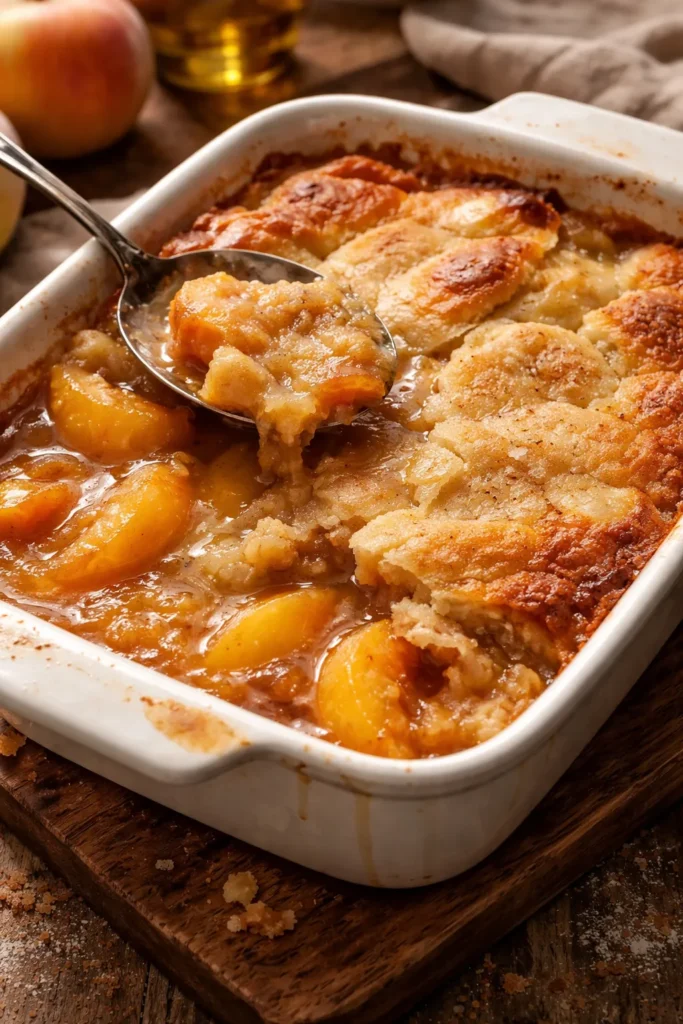 Simple Homemade Peach Cobbler From Scratch 8 Close-up of a baking dish with soggy crust and juicy peach filling