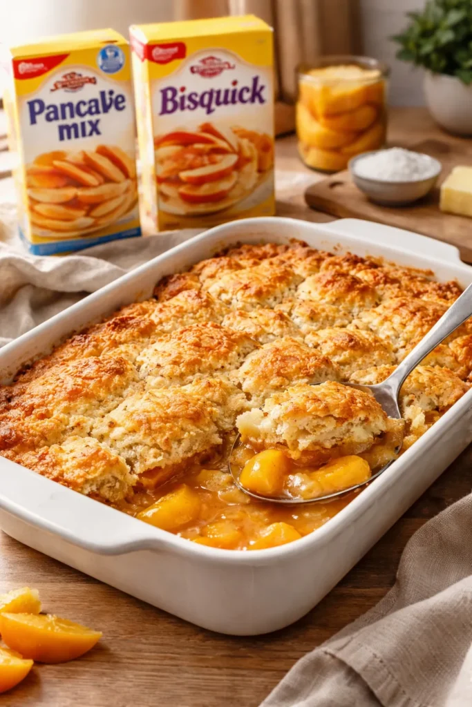5-Minute Bisquick Cobbler With Canned Peaches 22 Peach cobbler with golden topping in a baking dish