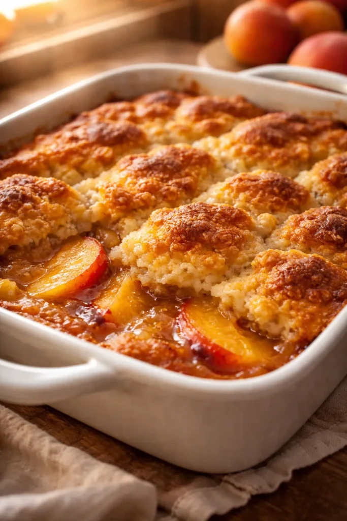 Simple Homemade Peach Cobbler From Scratch 6 Freshly baked peach cobbler in baking dish with golden crust