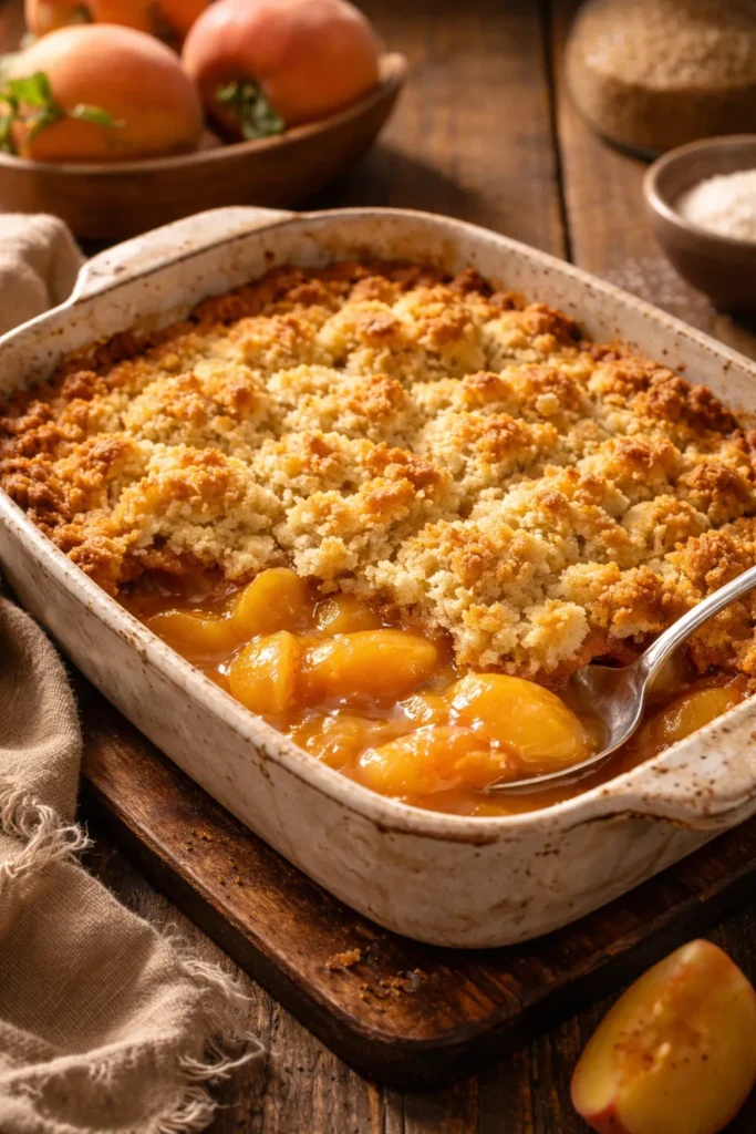 5-Minute Bisquick Cobbler With Canned Peaches 1 Close-up of peach cobbler in rustic dish with bubbling topping