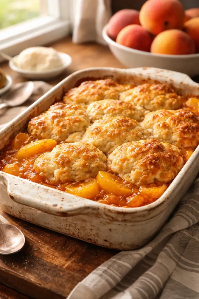 Easy Peach Cobbler With Bisquick in 30 Mins 1 Close-up of bubbling peach cobbler in a rustic baking dish with a golden crust
