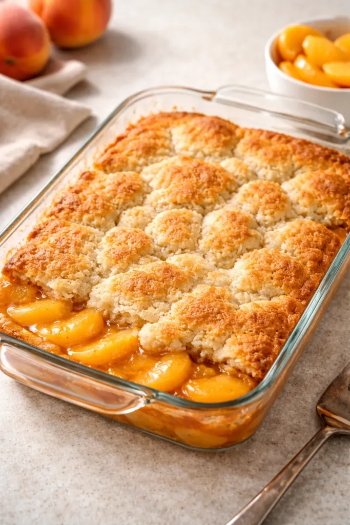 Easy Peach Cobbler With Bisquick in 30 Mins 9 Golden peach cobbler top with visible fruit pockets demonstrates problem-free bake