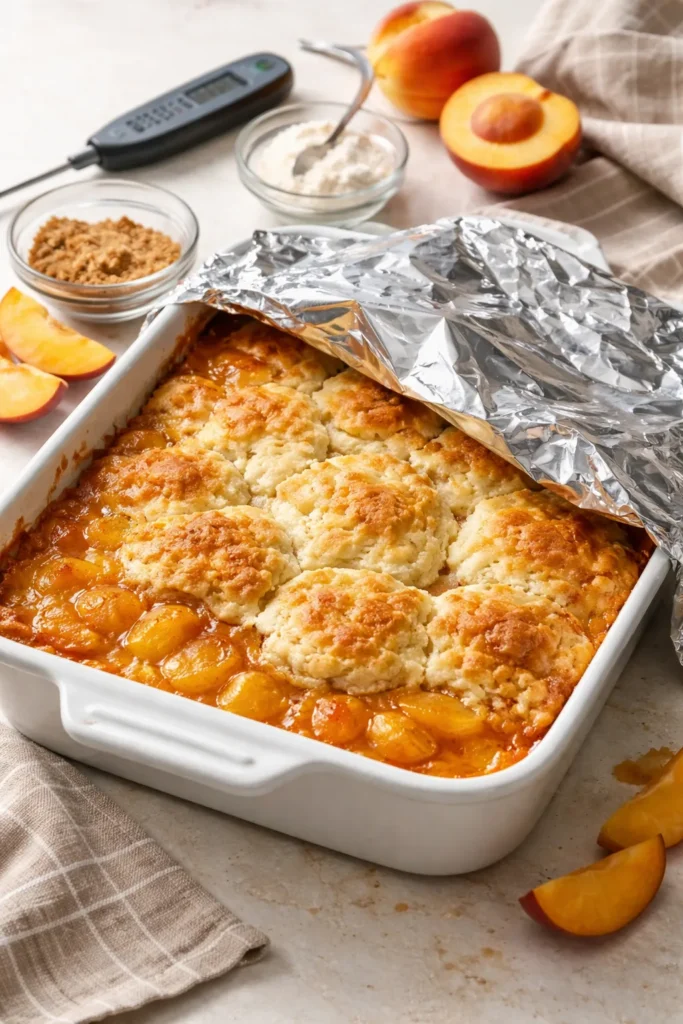 Easy Peach Cobbler With Bisquick in 30 Mins 10 Cobbler under a foil tent to prevent over-browning and moisture issues