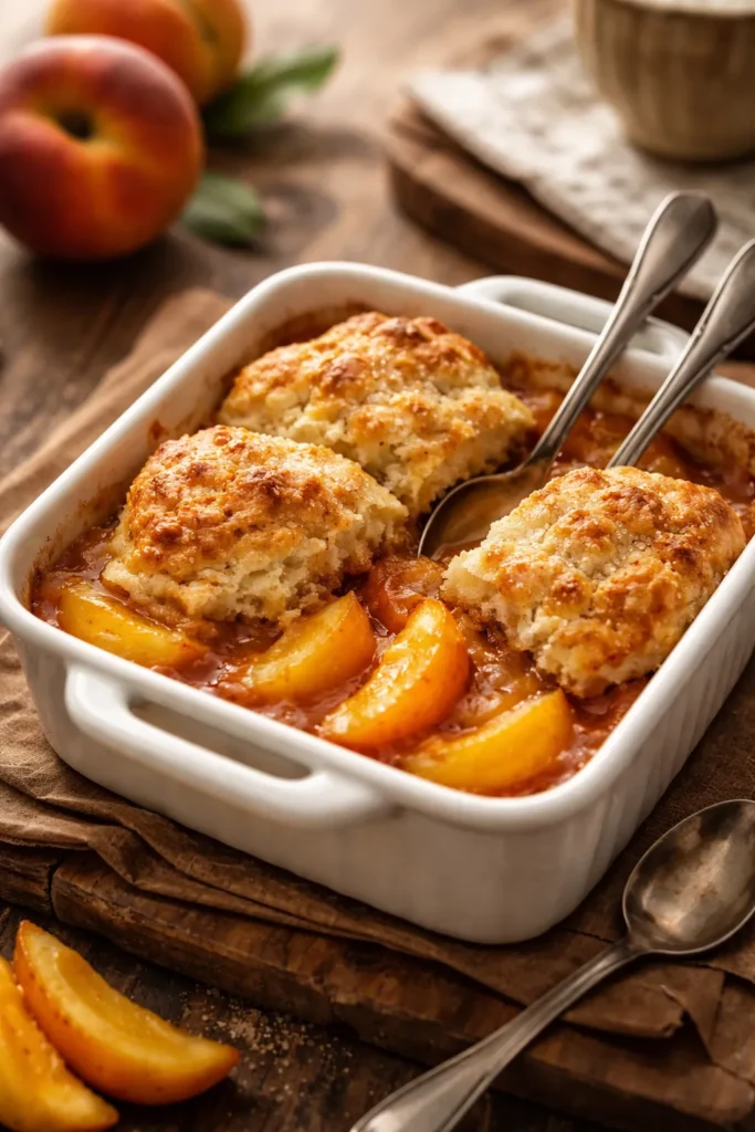 5 Warm Baked Peach Desserts for Date Night 1 Small peach cobbler for two in a ceramic dish with warm lighting