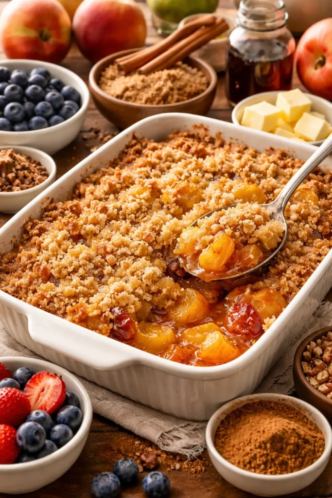 Easy Peach Cobbler With Bisquick in 30 Mins 11 Cobbler with crumbly streusel topping suggesting variations with spices and vanilla