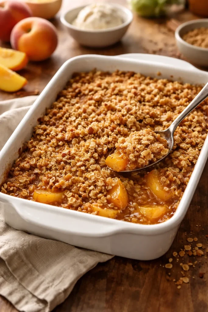 10 Canned Peach Desserts When You're In a Rush 1 Close-up of Peach Crisp with Buttery Oat Topping in a baking dish showing golden crumb topping and peach slices