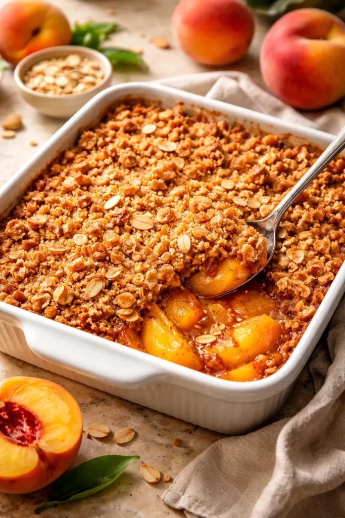 15 Fresh Peach Recipes Before Summer Ends 11 Golden peach crisp with almond crumble in baking dish