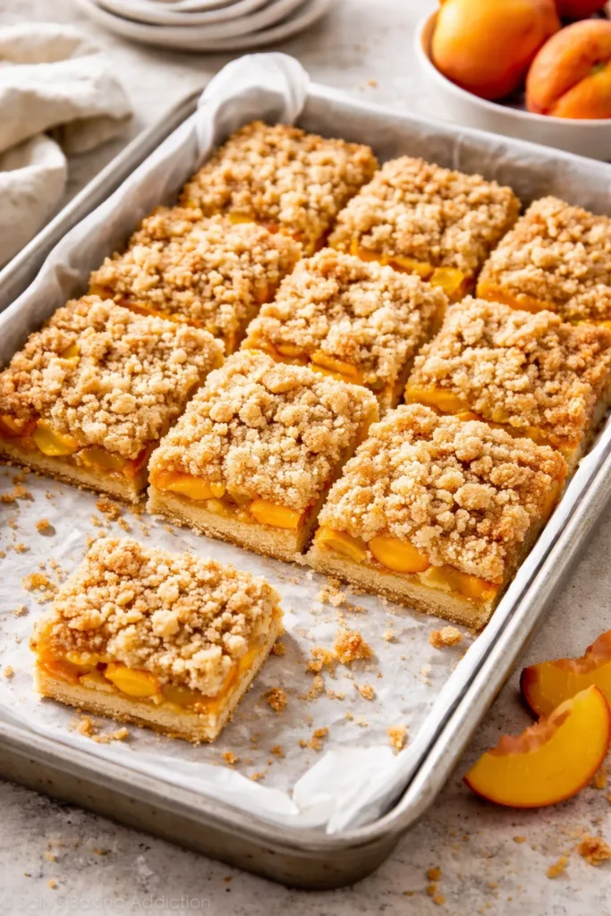 10 Canned Peach Desserts When You're In a Rush 9 Peach crumble bars cut into neat rectangles