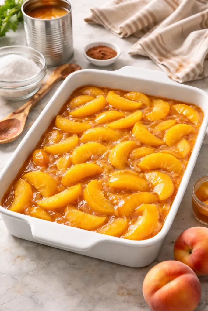 Canned Peach Cobbler That Tastes Fresh 9 Cobbler filling in a 9x13 baking dish ready for topping