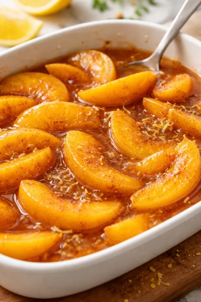 Canned Peach Cobbler That Tastes Fresh 7 Close-up of peach filling with sliced peaches in syrup and spices