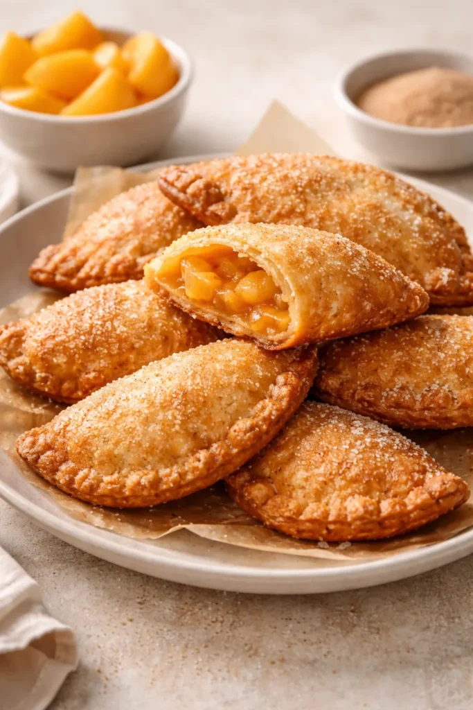 10 Canned Peach Desserts When You're In a Rush 4 Plate of fried peach hand pies with a flaky crust and sugared surface