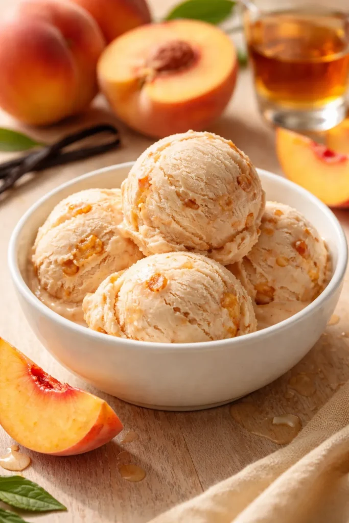 15 Fresh Peach Recipes Before Summer Ends 1 Peach ice cream scoop with roasted peach flecks in a white bowl on wood