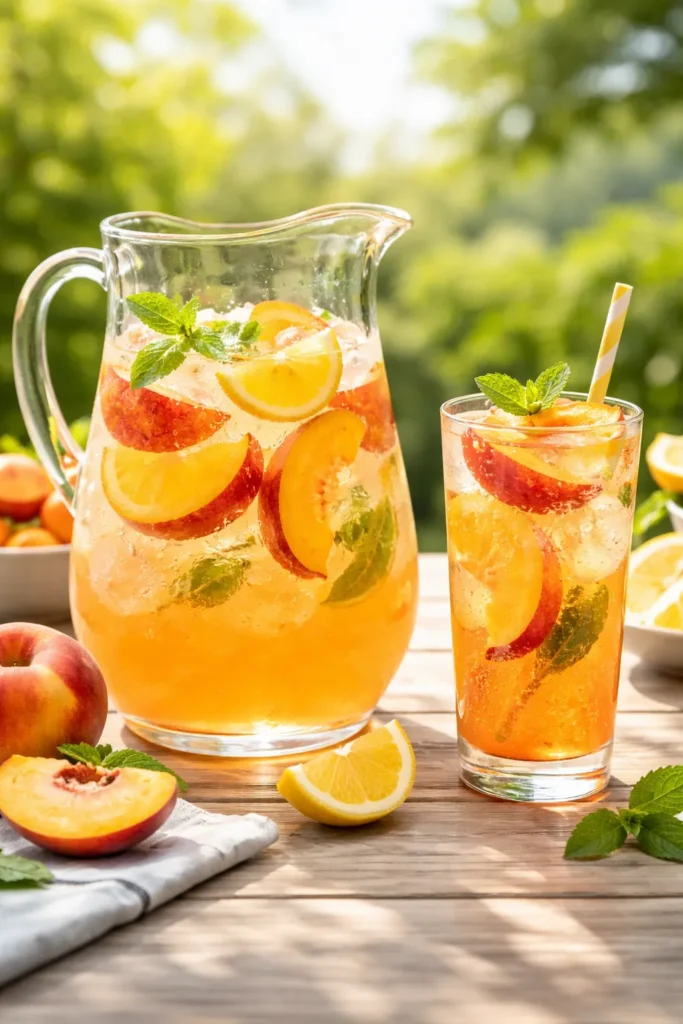 15 Fresh Peach Recipes Before Summer Ends 13 Pitcher of peach lemonade with peach slices on a light wooden table