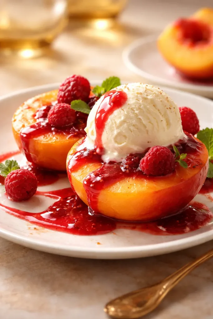 15 Fresh Peach Recipes Before Summer Ends 5 Poached peaches with vanilla ice cream and raspberry sauce on a plate