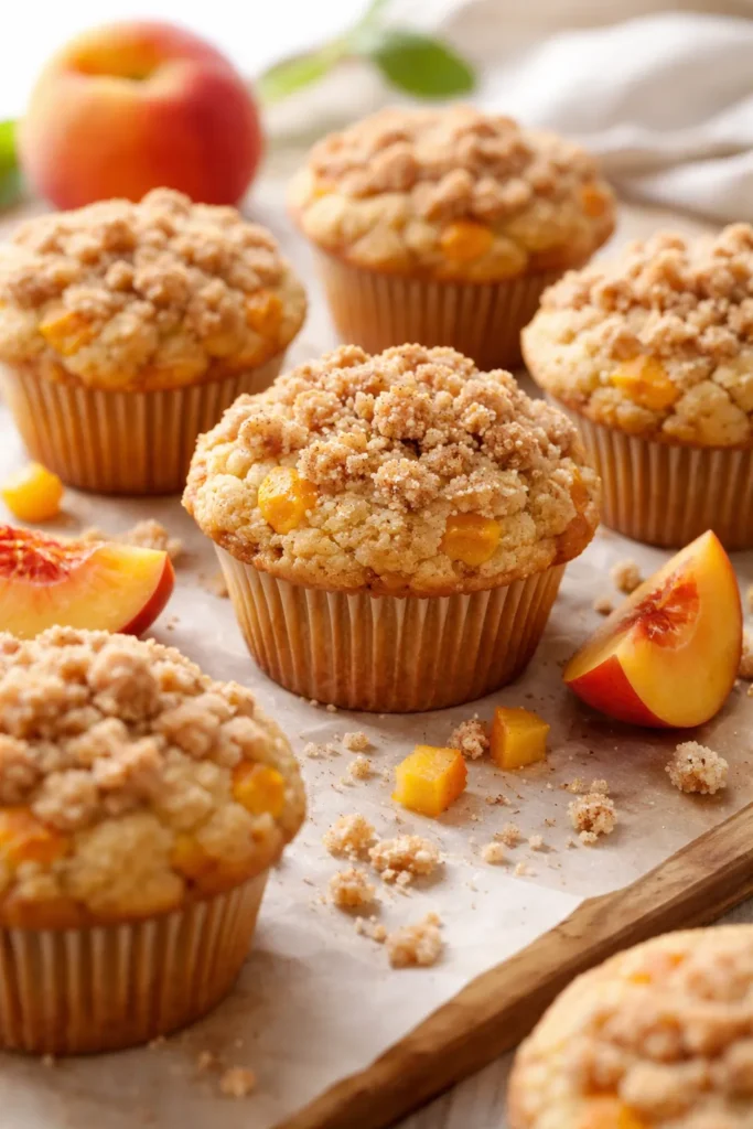15 Fresh Peach Recipes Before Summer Ends 12 Peach muffins with streusel topping on a baking sheet