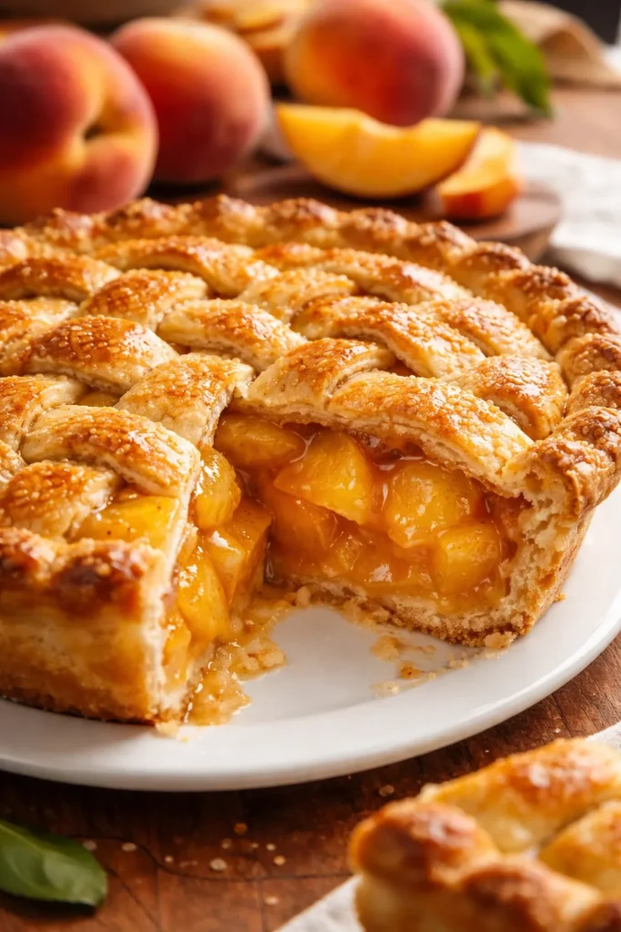 15 Fresh Peach Recipes Before Summer Ends 8 Peach pie with flaky buttery crust and juicy peach filling on a plate