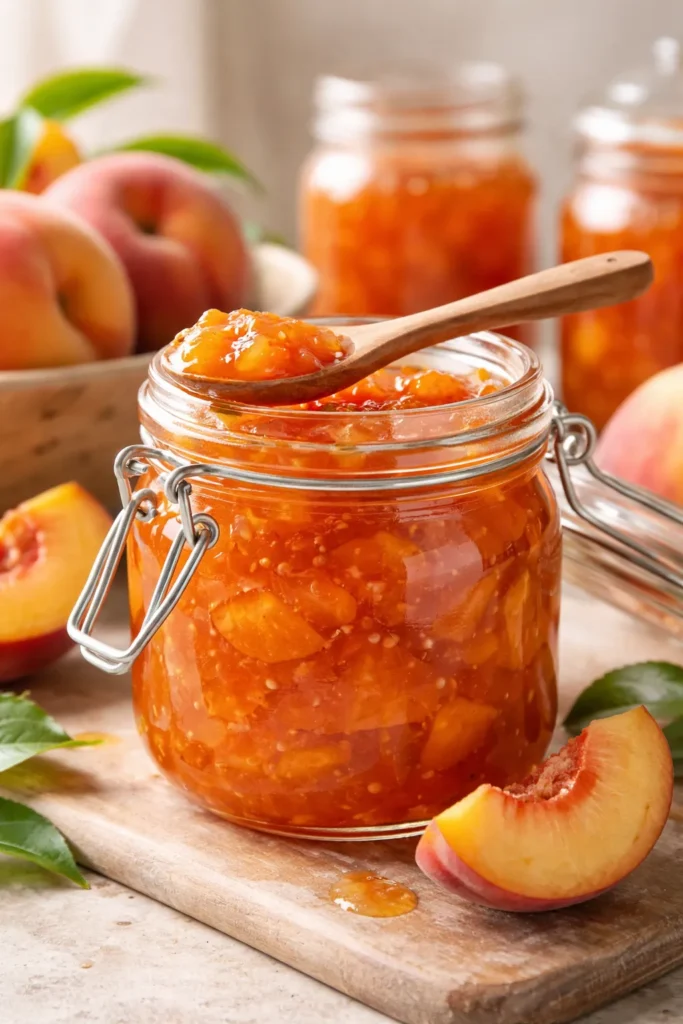 15 Fresh Peach Recipes Before Summer Ends 4 Jar of peach preserves with wooden spoon on neutral surface
