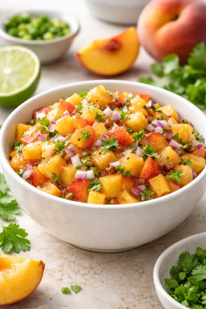 15 Fresh Peach Recipes Before Summer Ends 7 Close-up of peach salsa in a white bowl with diced peaches, red onion, and cilantro