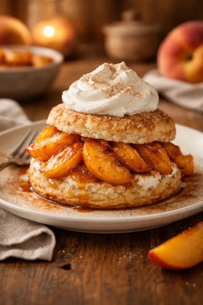 5 Warm Baked Peach Desserts for Date Night 5 Peach shortcake with whipped cream on plate
