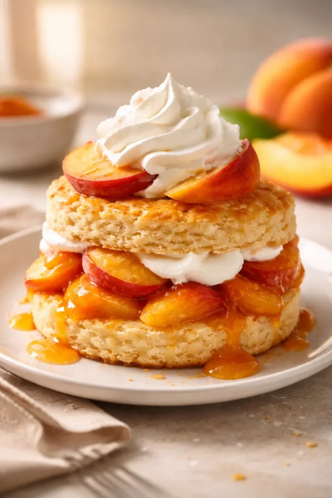 15 Fresh Peach Recipes Before Summer Ends 15 Peach shortcake slice with whipped cream on a white plate
