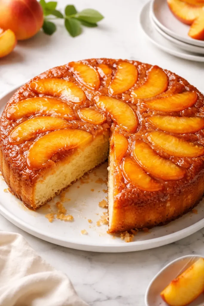 5 Warm Baked Peach Desserts for Date Night 3 Caramelized peach upside-down cake with slice showing moist cake