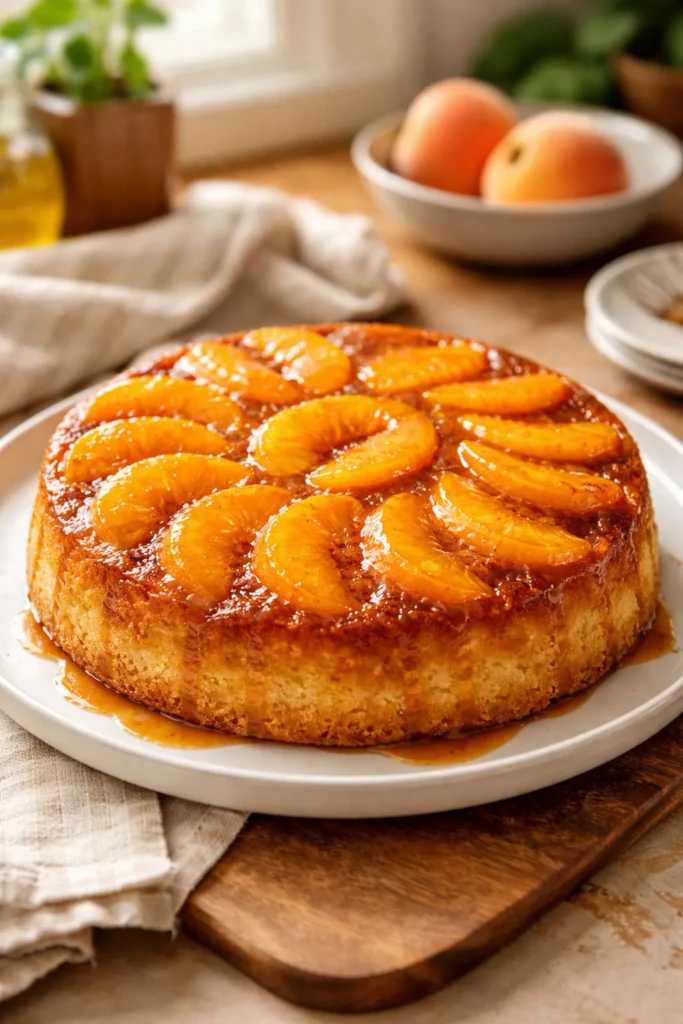 10 Canned Peach Desserts When You're In a Rush 7 Close-up of peach upside-down cake with caramelized peaches on top