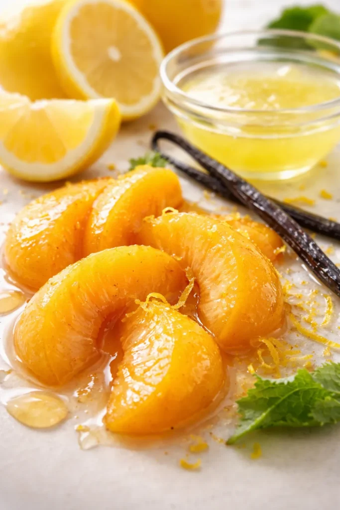 Canned Peach Cobbler That Tastes Fresh 3 Peach slices with lemon juice, vanilla bean, and citrus zest on a plain background