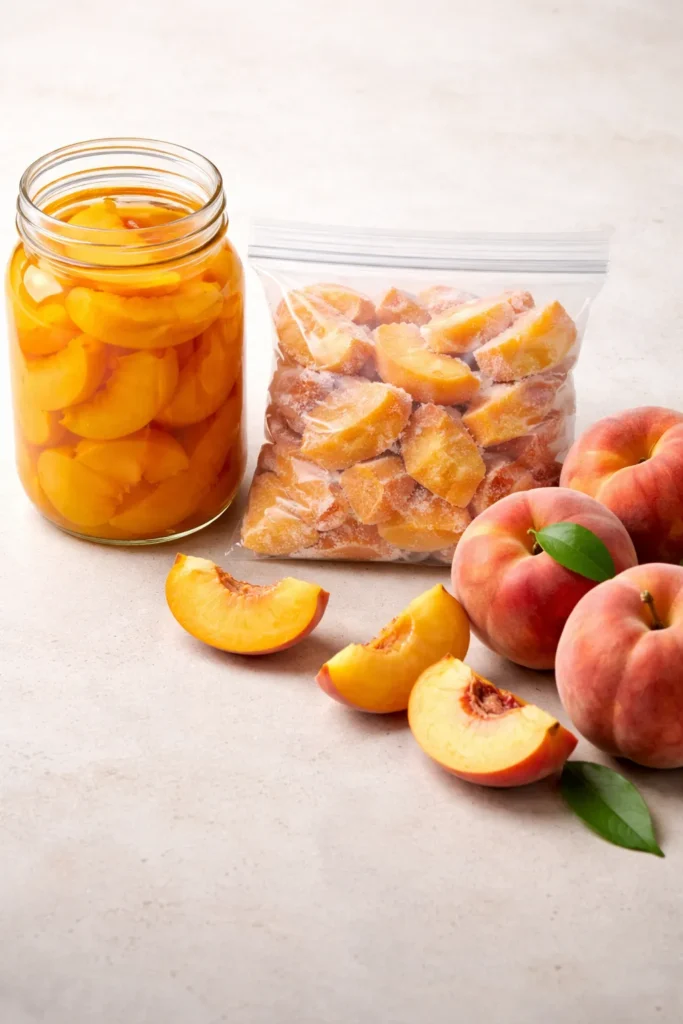 Easy Peach Cobbler With Bisquick in 30 Mins 12 Three peach forms—canned, frozen, and fresh—displayed together on a neutral surface