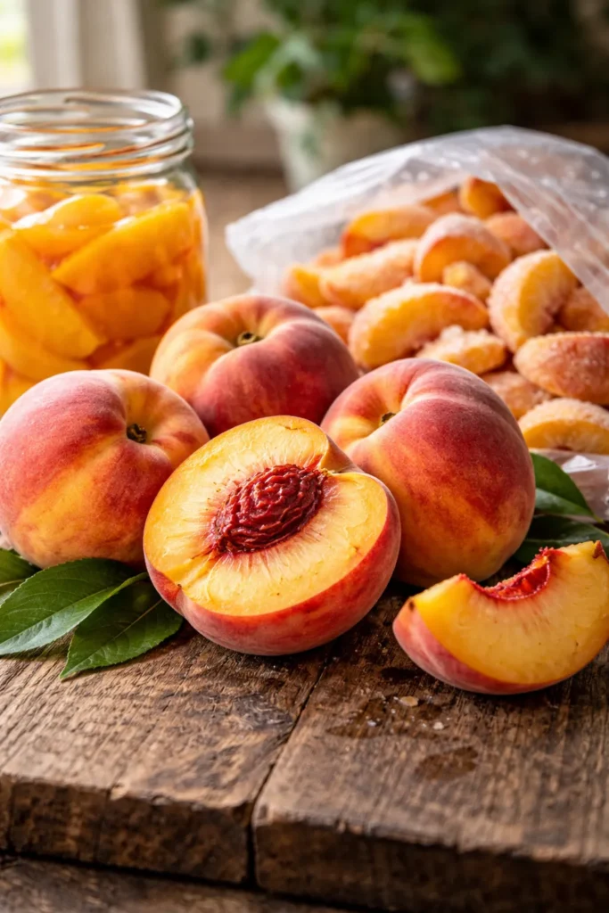 Simple Homemade Peach Cobbler From Scratch 3 Ripe peaches on a rustic wooden surface