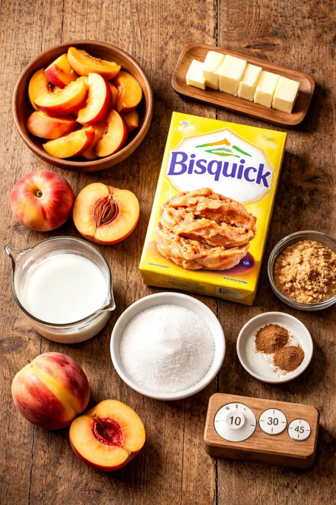 Easy Peach Cobbler With Bisquick in 30 Mins 5 Peaches, sugar, and nutmeg arranged on wooden board for cobbler