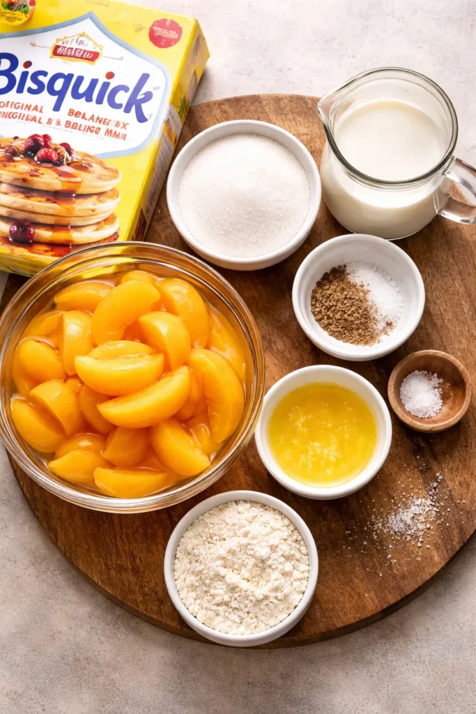 Easy Peach Cobbler With Bisquick in 30 Mins 6 Ingredients arranged on wood board for peach cobbler: peaches, sugar, nutmeg, milk, butter