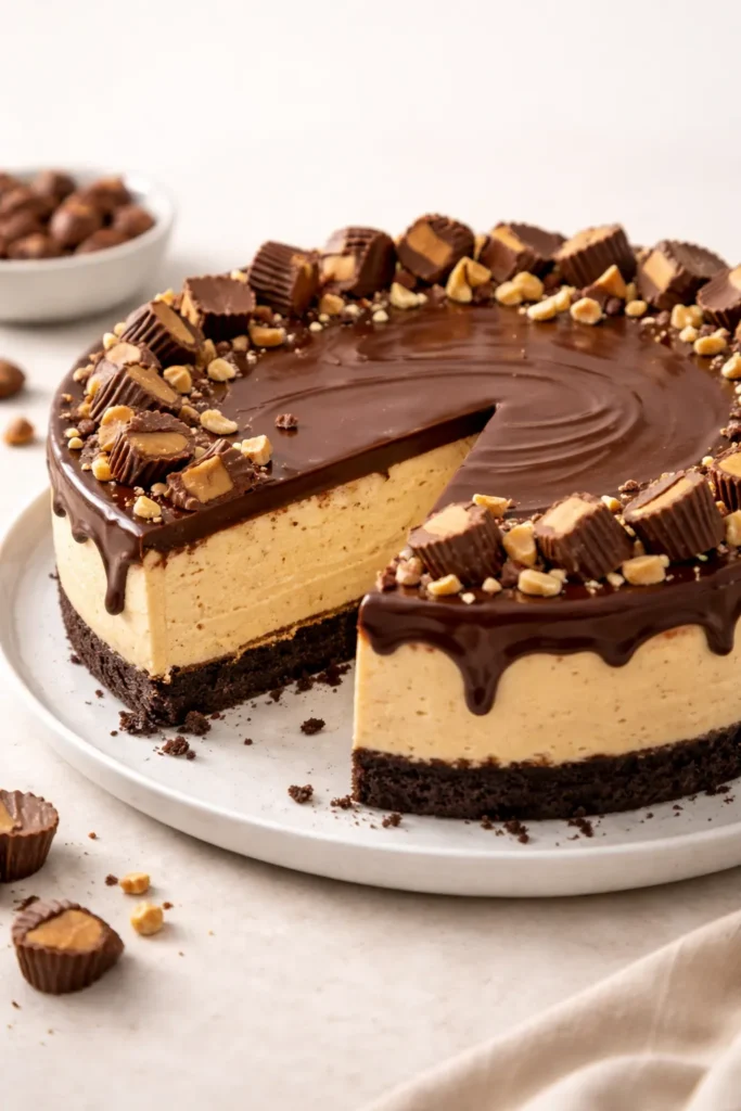 10 No Bake Cheesecakes for Hot Summer Days 9 Creamy Peanut Butter Cup Cheesecake with chocolate edge