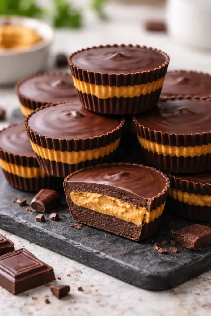 15 Sugar Free Treats That Actually Taste Good 1 Close-up of glossy dark chocolate peanut butter cups with visible peanut butter filling.