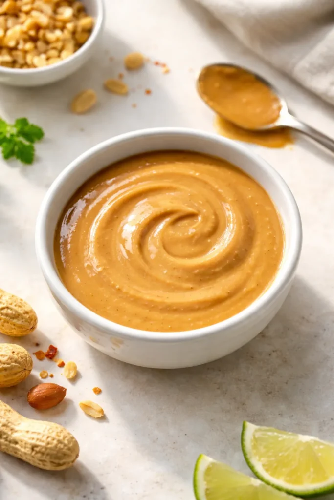 10 Homemade Sauce Recipes for Any Meal 7 Smooth glossy peanut sauce in a white bowl with a subtle swirl