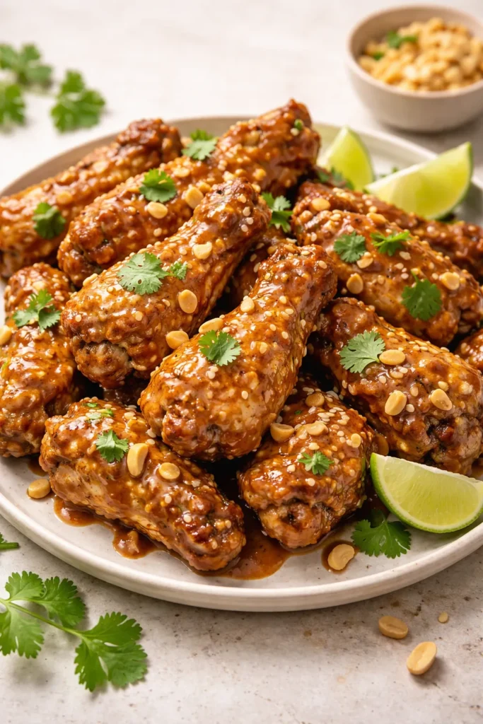 12 Chicken Wing Recipes for Game Night 12 Peanut sauce coated spicy peanut wings on plate