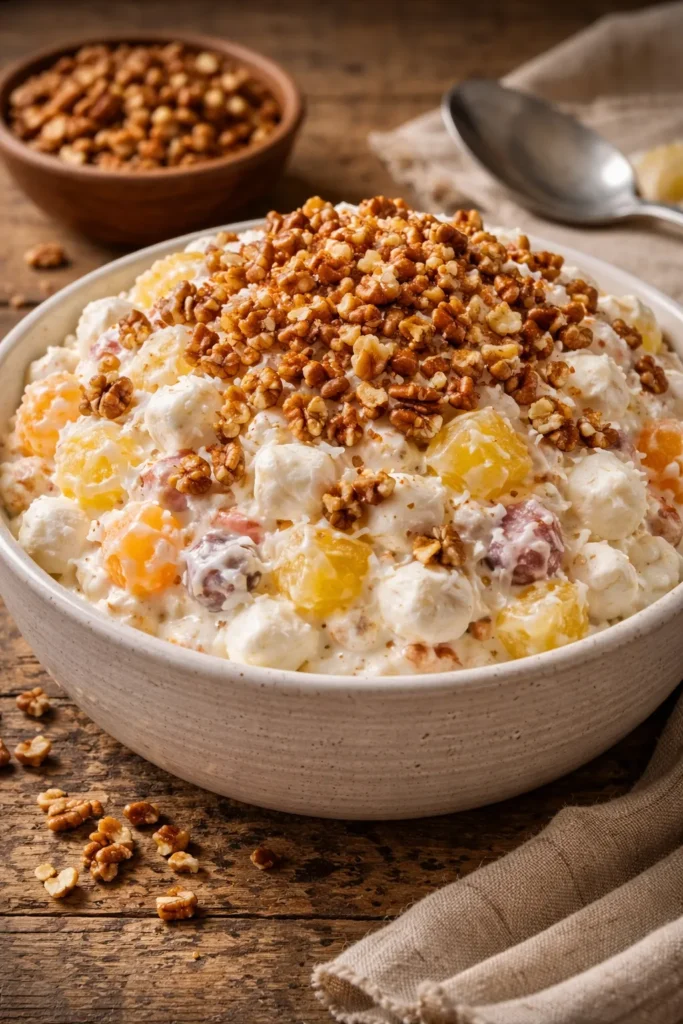 8 Ambrosia Salad Recipes for Potlucks 5 Creamy fruit salad topped with crunchy toasted chopped pecans