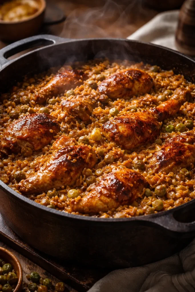 8 Trinidadian Curry and Rice Recipes at Home 7 Close-up of pelau in a cast-iron pot showing caramelized chicken and rice