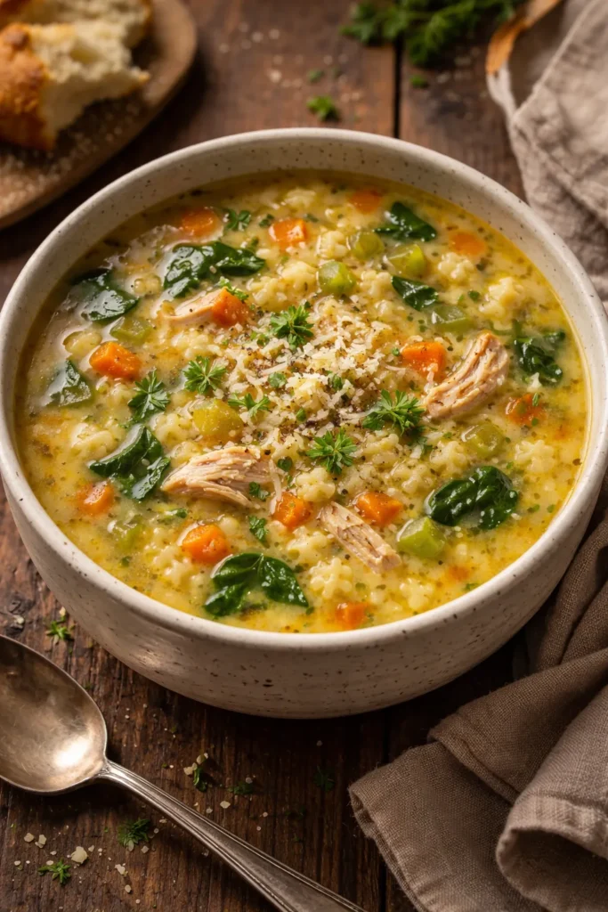 Thick Italian Penicillin Soup with pastina stars in broth
