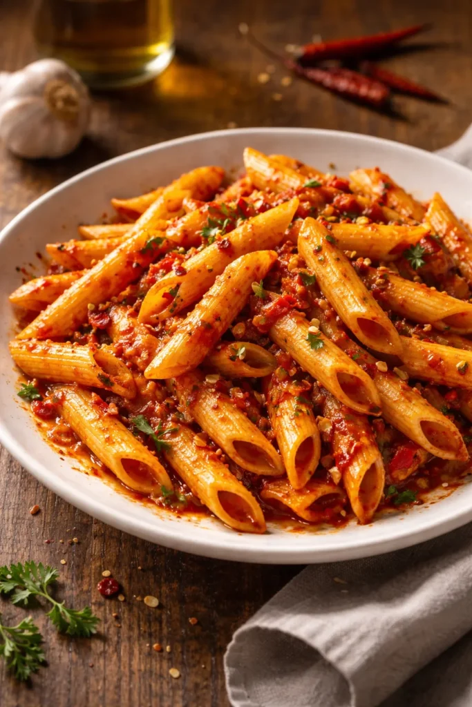 Penne all'arrabbiata in bright red spicy tomato sauce on a plate.